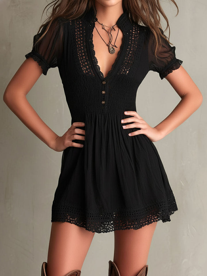 Classic Muse | Smocked Lace-Trim Black Mini Dress