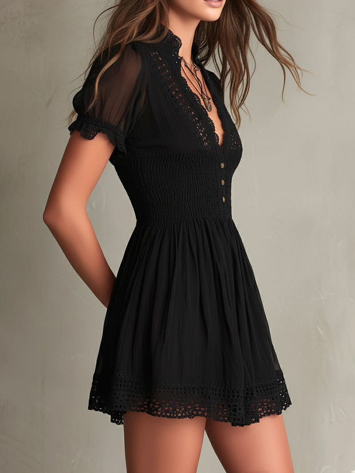 Classic Muse | Smocked Lace-Trim Black Mini Dress