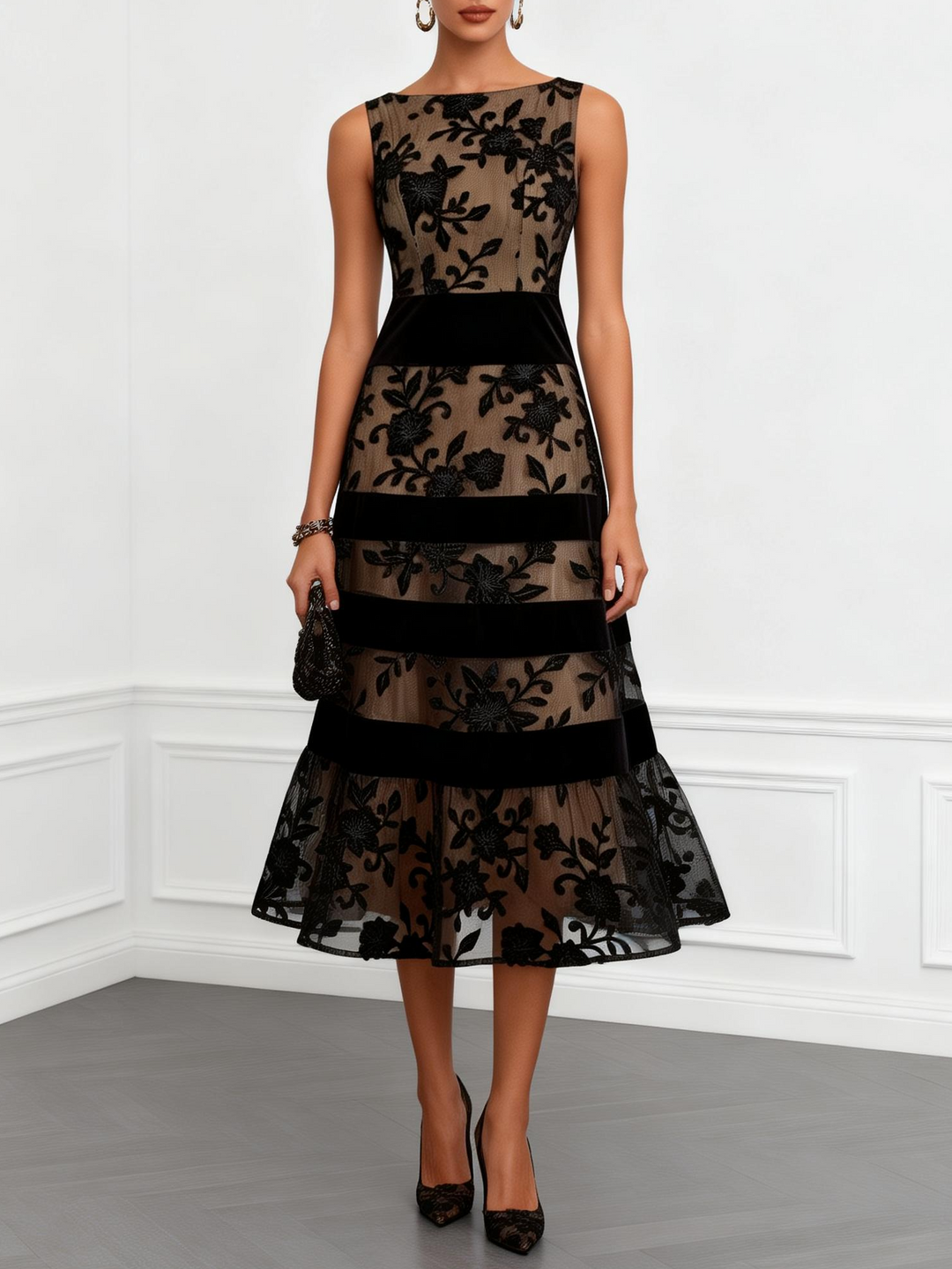 Black Floral Sleeveless A-Line Midi Dress