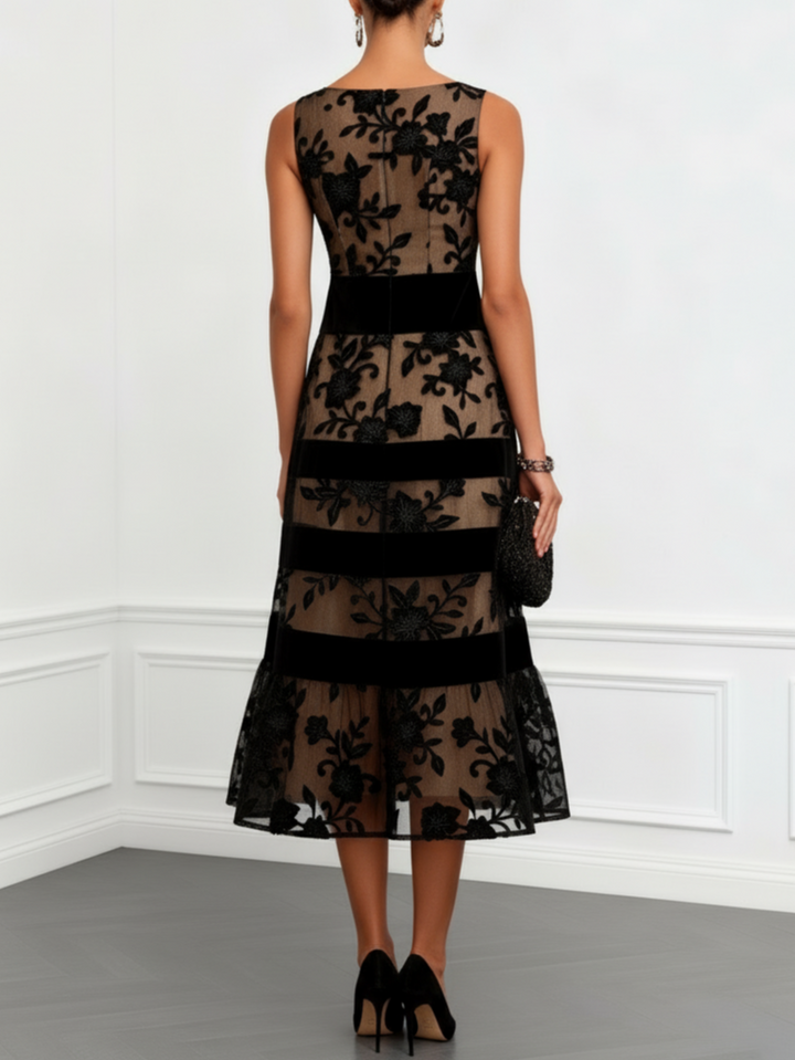 Black Floral Sleeveless A-Line Midi Dress