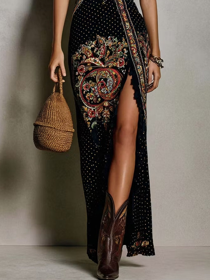 Bohemian Print Maxi | Deep V-Neck & High Slit