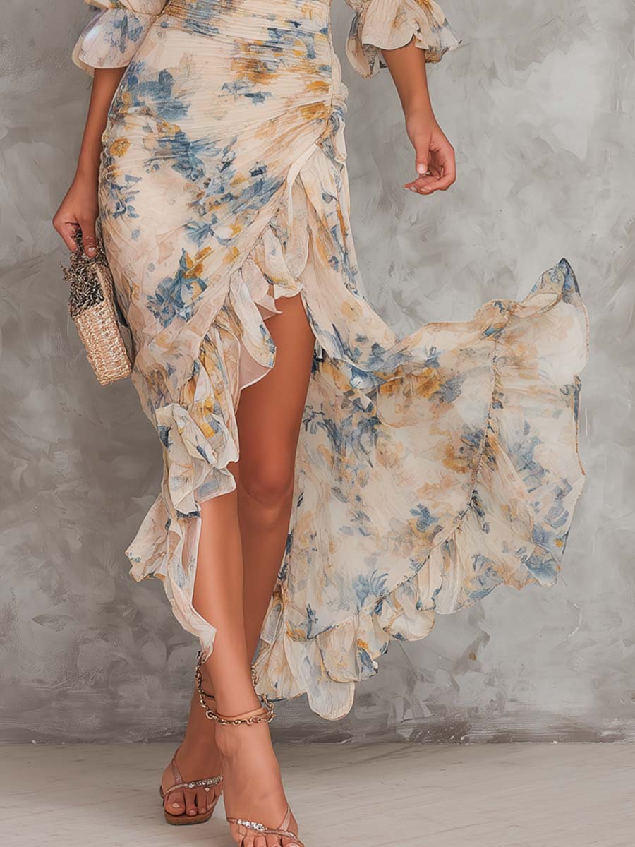 Beige Turtleneck Oil Painting Floral Maxi Dress